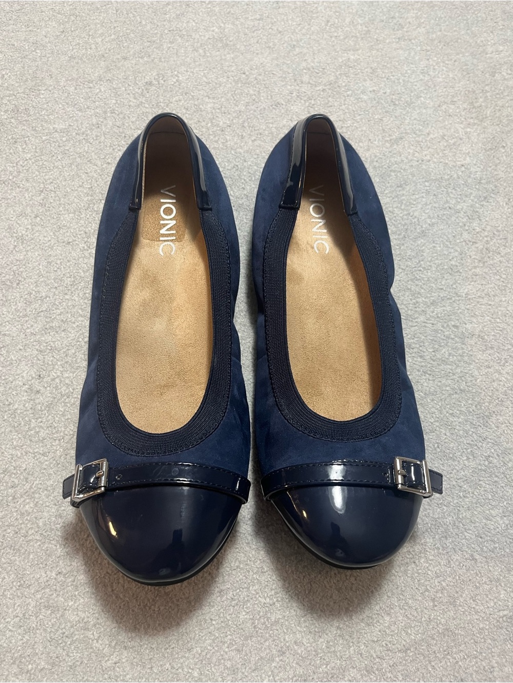 Vionic Navy Suede & Patent Cap-Toe Flats with Buckle